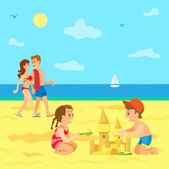 Summer vacations of kids vector, beach and seaside view, Family on holidays, couple parents walking along coast and kids building castle from sand