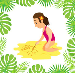 Obraz na płótnie Canvas Summer beach, girl drawing sailboat and sun on sand with stick vector. Palm leaves frame, holidays or vacation, child with flower in hair, recreation