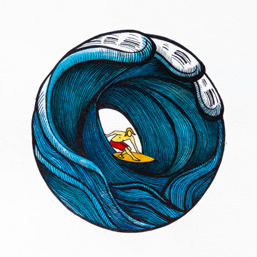 disegno creativo surfista nel tubo