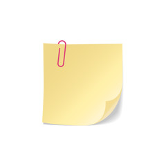 Yellow sticky note with paperclip and drop shadow effect. Realistic style vector.