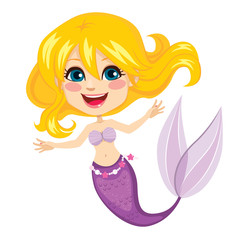 Beautiful purple mermaid with shell isolated on white background