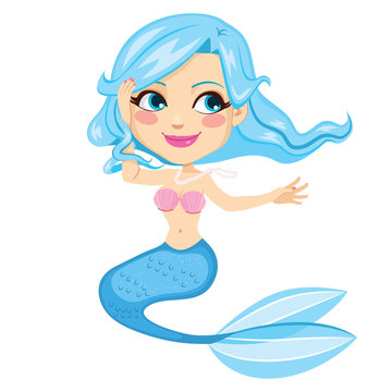 Beautiful blue hair and tail mermaid cartoon character illustration