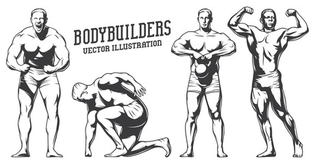 Isolated illustrations set of bodybuilders in heroic poses. Black and white illustration.