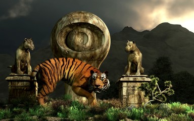 An angry looking tiger arches it's back and snarls at the viewer.  Behind it is a strange stone statue of a giant eye looking at your flanked by two tiger statues. 3D Rendering © Daniel Eskridge