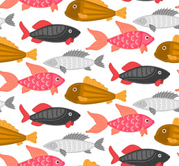 Vector seamless pattern with colorful abstract fish. Undersea world. Aquarium. Wrapping paper, package, wallpaper, poster, clothing and other textile in a pet store, fishing gear shop or aquapark