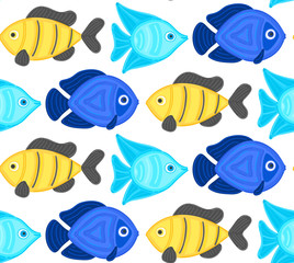 Vector seamless pattern with colorful abstract fish. Undersea world. Aquarium. Wrapping paper, package, wallpaper, poster, clothing and other textile in a pet store, fishing gear shop or aquapark