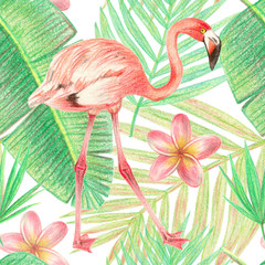 hand drawing tropical plants, flowers and birds. flamingo in the tropics. seamless pattern
