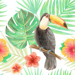hand drawing tropical plants, flowers and birds. .toucan in the tropics. seamless pattern © alenaganzhela
