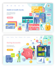 Saving accounts vector, pig with money dollar, people with finance assets in safety. Lock and people using banking system, banknotes set. Website or webpage template, landing page flat style