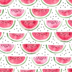 Fototapete Wassermelone Wassermelonenscheibe mit Samen. Aquarell nahtlose Muster