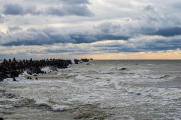 lake or sea beach in stormy weather
