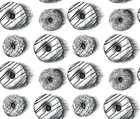 Donuts. Seamless pattern. Gel pen hand drawn illustration