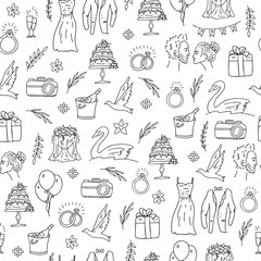 Doodle wedding seamless pattern with decorative elements