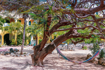 old hammock hanging from large tree in a restort with no people around