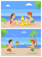 Children playing on beach vector, summertime vacations of kids. Boys having water fight using guns with liquids, brother and sister building sand castle