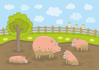 Pigs Playing in Dirty Puddle. Funny cartoon and vector illustration
