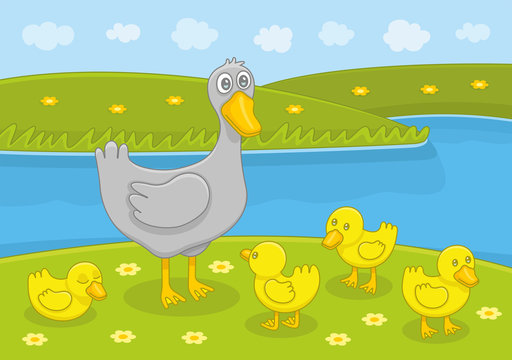 Mother duck and ducklings. Funny cartoon and vector illustration
