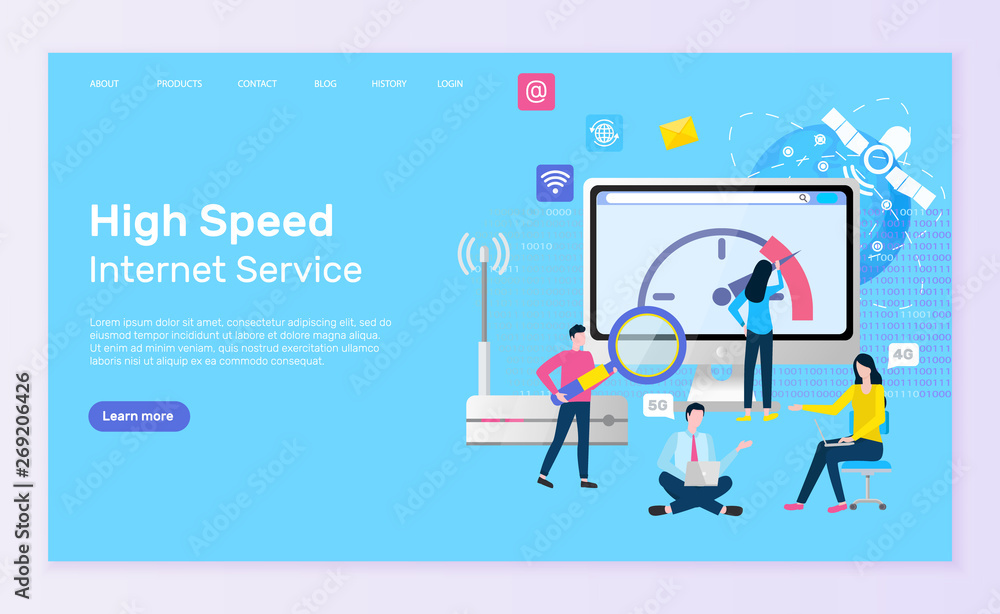 Poster high speed internet service vector, monitor with information and person with magnifying glass analyz