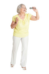 Portrait of senior woman singing isolated on white background