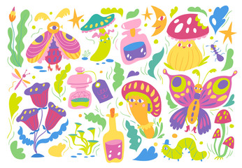 Wonderland vector pattern with insects, flowers and mushrooms. 