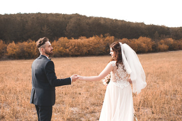 Beautiful bride with groom posing outdoors