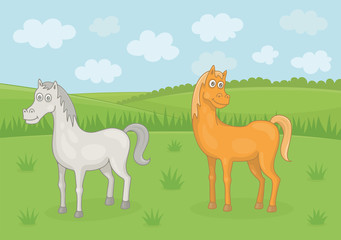 Rural landscape with grazing horses. Funny cartoon and vector illustration