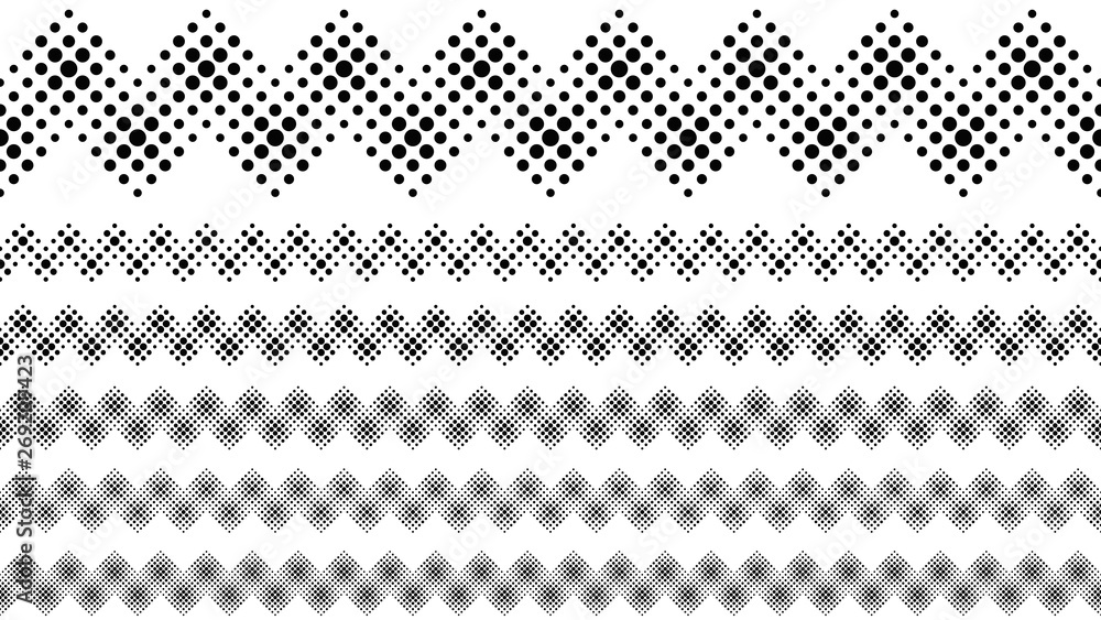 Poster repeating geometrical dotted pattern dividing line set - abstract black and white vector graphic des