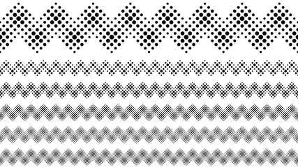 Repeating geometrical dotted pattern dividing line set - abstract black and white vector graphic design elements from circles