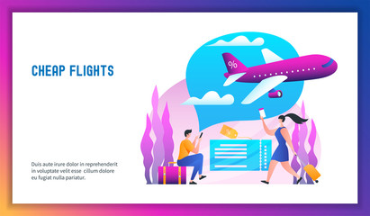 Plane is flying in the clouds. Low cost flights. Cheap flights concept. Modern vector illustration