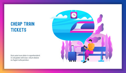 Man waiting for the train at the railway station. Modern vector illustration