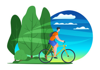 Young man riding bicycle outside in nature. Nice day for a bike ride. Modern vector illustration.