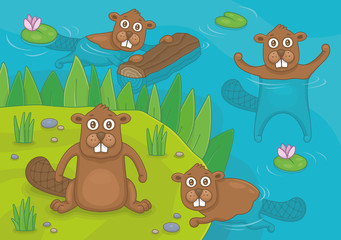 Beavers living by the pond. Funny cartoon and vector illustration