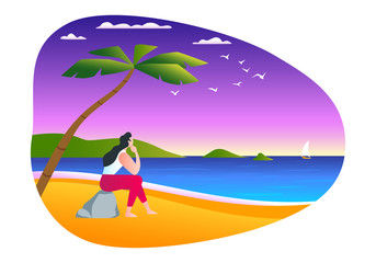 Obraz na płótnie Canvas Dreaming girl sitting on the ocean shore. Time to dream concept. Modern vector illustration