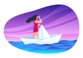 Girl sailing on a paper ship. Time to hope concept. Modern vector illustration