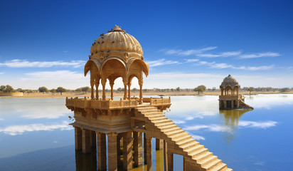 Gadi Sagar temple gazebo on Gadisar lake Jaisalmer, Rajasthan, India 