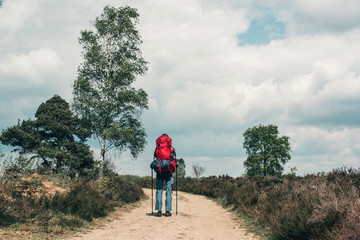 Backpacker going uphill on dirt road under blue cloudy sky.