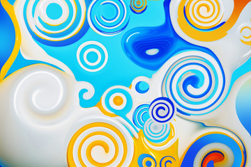 Beautiful abstract background in blue, yellow and white. Spirals and curls. Bright colorful...