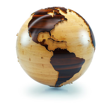 A wooden globe - The earth, made of two different types of wood