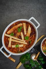 Tortilla Soup with Chili, selective focus