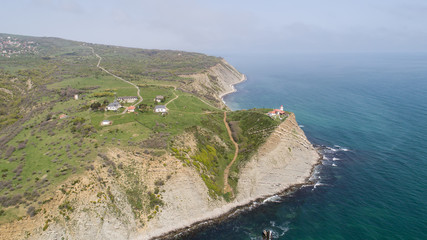 Aerial view of Cape Emine. Cape Emine is a headland located at the Bulgarian Black Sea Coast. Cape Emine is the endpoint of the European walking route E3