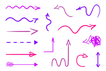 Hand drawn colored pointers on white. Abstract arrows. Line art. Set of different signs. Colorful illustration. Sketchy doodles for artwork