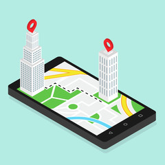Isometric city buildings with map GPS navigation. Vector illustration.