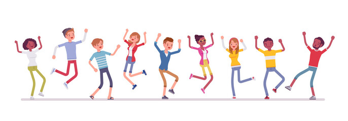 Dancing group of happy people. Friends, young smiling people, teenager boys, girls together, adolescent unity. Vector flat style cartoon illustration isolated, white background, full length portrait