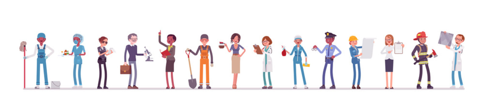Different male, female professions and business. Working people, in occupation standing together, employee union, career. Vector flat style cartoon illustration isolated, white background, full length