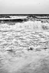 Vertical black and white photo of sea waves close up near the shore