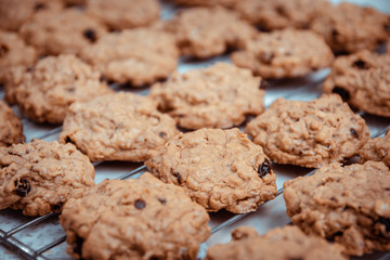 Oatmeal cookies and dried raisins.