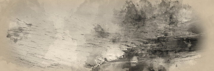 Watercolor painting of Moody dramatic low cloud Winter landscape in mountains valley