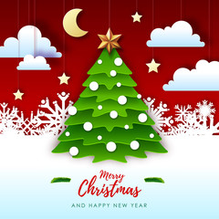 Naklejka premium Vector illustration of Merry Christmas greeting card with christmas tree. Origami. Cut out paper art style design