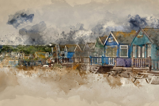 Watercolor painting of Lovely beach huts on sand dunes and beach landscape