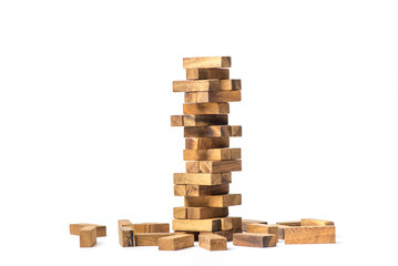 Jenga game, The tower from wooden blocks from the top view, Jenga. Concept : Business, contruction, engineering, planning.